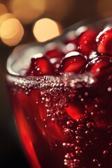 A close-up shot of a glass filled with red liquid