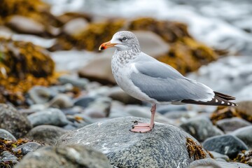 Fototapeta premium A lone seagull perched on a rocky outcropping on a rugged coastline
