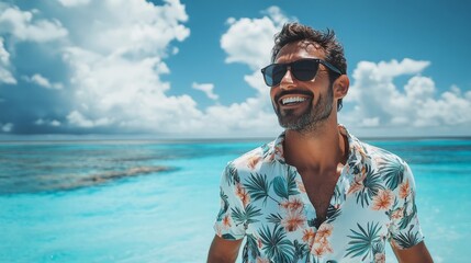 Smiling tourist man in Hawaiian shirt walking by tropical beach in summer