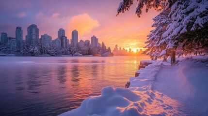 Obraz premium Winter sunset in Vancouver with fresh snow; stunning Canadian landscape. 