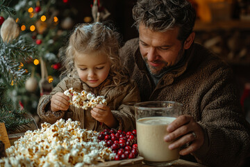 Naklejka premium A father and child stringing popcorn and cranberries to hang on the tree while sipping on eggnog evokes a nostalgic and traditional Christmas preparation. Concept of holiday spirit.