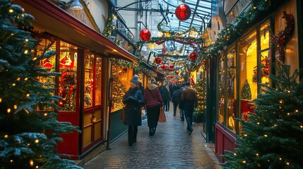 Obraz premium A beautifully decorated shopping alley for the Christmas season, filled with festive lights and decorations. AI generated image