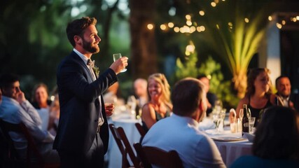 Man giving wedding toast at outdoor evening reception - Powered by Adobe