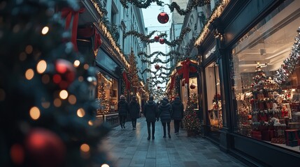 Naklejka premium A beautifully decorated shopping alley for the Christmas season, filled with festive lights and decorations. AI generated image