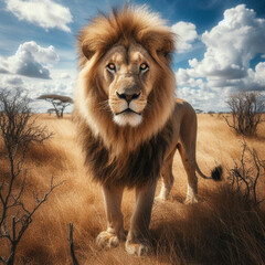 Lion in the Wild
A majestic lion standing tall in the savannah at sunset.