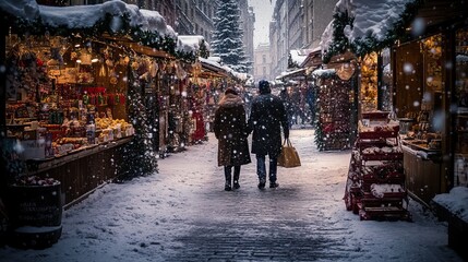 Obraz premium Cozy Christmas market with lights, decorations, and festive booths. Christmas shopping. AI generated image