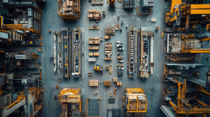 Aerial view of a busy industrial yard featuring organized stacks of shipping containers and heavy machinery.