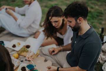 Three friends spend leisure time at a picnic in a scenic field. The picture captures a relaxed and...