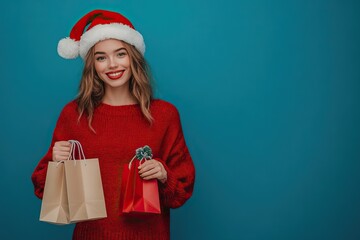 Obraz premium Smiling young woman in a Santa hat holding holiday shopping bags. Christmas shopping and gifts. AI generated image