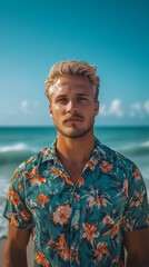Smiling tourist man in Hawaiian shirt walking by tropical beach in summer