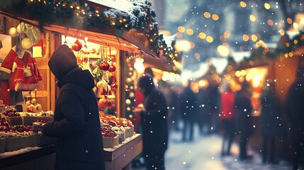 Naklejka premium A festive Christmas market scene with decorated stalls and joyful holiday shoppers. Christmas shopping. AI generated image