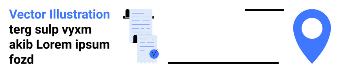 Abstract depiction of stacked documents alongside a blue location pin. Ideal for business, document management, navigation, tech presentations, educational materials, project planning, and landing