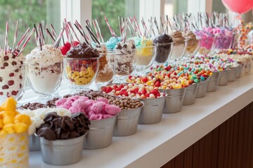 A kids birthday party with an ice cream sundae bar, complete with all kinds of toppings and syrups