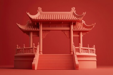 Chinese temple gate with staircases and copyspace. 3d element isolated on red background. Suitable for Asian or Chinese culture decoration with generative ai