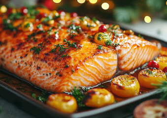 Roast salmon fillet seasoned with herbs and lemon with hasselback potatoes