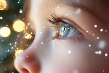 a close-up of a childs face as they gaze in wonder at a beautifully decorated christmas tree, with individual snowflakes falling on their eyelashes .AI Generation