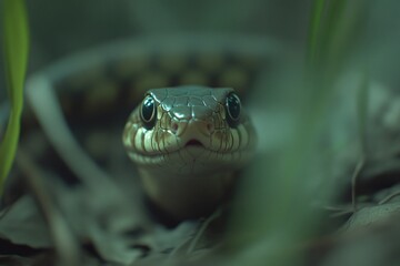 Obraz premium A close-up view of a snake hiding in tall grass, often used for wildlife or nature photography projects