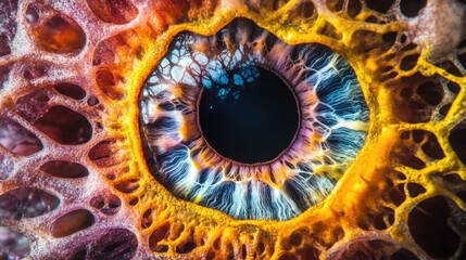 A close-up shot of a human eye, with details of the iris and pupil