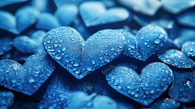 Close-up of multiple blue heart shapes covered in water droplets, forming a textured, romantic pattern