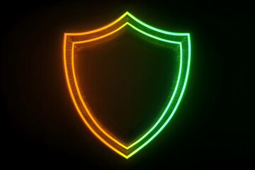 Fototapeta premium A dynamic 3D representation of a neon wireframe shield icon with striking green and orange colors, isolated on a black background --ar 3:2 --s 50