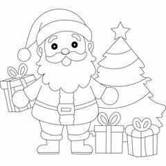 Christmas Santa, Tree, Gift box, Outline Coloring Page, Christmas and Winter Illustration