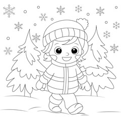 Cute Girl, Christmas Tree and Snowflake Outline Coloring Page, Christmas and Winter Illustration