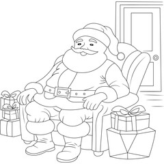 Cute Santa with Christmas Gift Box Outline Coloring Page, Christmas and Winter Illustration