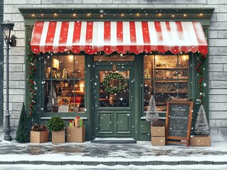 Obraz premium Cozy vintage cafe or Shop with Christmas decorations and snow. AI generated image