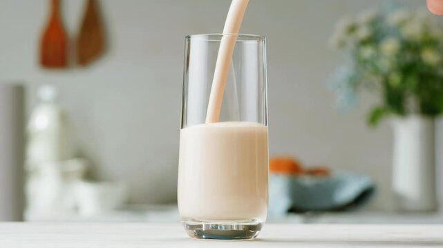 Pouring kefir yogurt into glass cup close-up. Glass with kefir or milk, lactic acid product dairy products concept. Drinking fresh lactose free in morning.