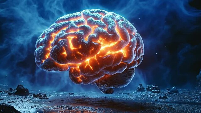 A glowing brain surrounded by vibrant blue and orange energy in a surreal landscape
