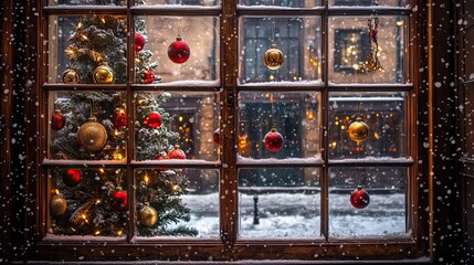 Christmas decorations and lights in a cozy storefront window. Christmas Shopping. AI generated image