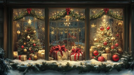 Fototapeta premium Christmas decorations and lights in a cozy storefront window. Christmas Shopping. AI generated image