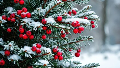 Snow-covered branches of a Christmas tree with red berries and snowflakes are a reminder of winter freshness. Christmas.