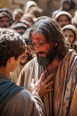 Fototapeta premium A powerful scene depicting Jesus performing miracles, showcasing his acts of faith and compassion, surrounded by amazed onlookers and an atmosphere of divine intervention.