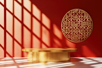 Elegant shiny gold podium table, geometric design in sunlight, Chinese window grill shadow on blank red wall. Luxury Asian beauty, cosmetic, with generative ai
