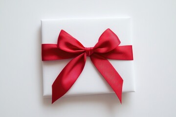 A small white box wrapped with a red bow