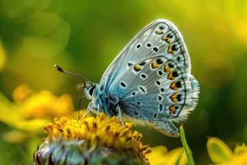Obraz premium A blue butterfly perched on the center of a bright yellow flower, with a blurred green background