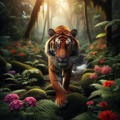 Graceful Tiger in the Jungle
A tiger walking through lush jungle foliage with sharp focus.