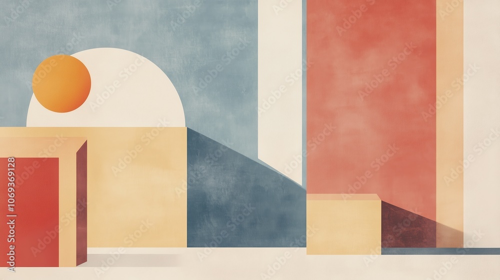 Poster abstract geometric shapes in warm colors creating a minimalist art composition with soft shadows and