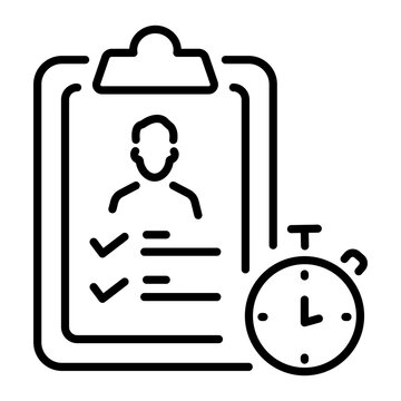 recommend clip art: A linear icon of a clipboard with a checklist and a stopwatch, symbolizing a waiting list