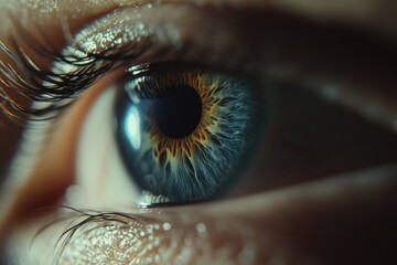 A detailed view of one person's eye, with eyelashes and iris visible