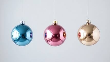 Three shiny Christmas ornaments suspended from strings, perfect for decorations or gifts
