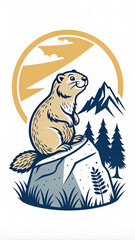 A marmot stands proudly on a rock, surrounded by mountains and trees, enjoying a sunny day in a picturesque natural setting - Logo illustration - Generative AI