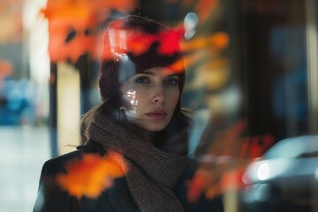 Obraz premium A woman looks out the window wearing a hat and scarf