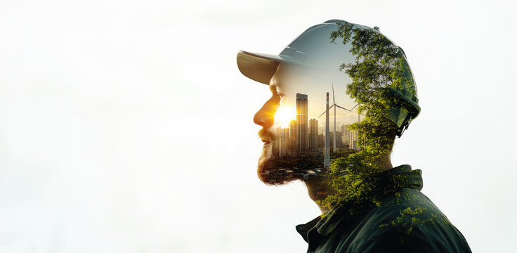 Double exposure of a man worker and a wind power plant with a cityscape background, green energy concept for the sustainable development goal
