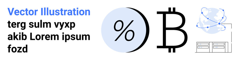 Percent sign, Bitcoin symbol, cloud network, and database icons. Ideal for fintech, blockchain, cryptocurrency, finance, technology, data analysis investment Landing page