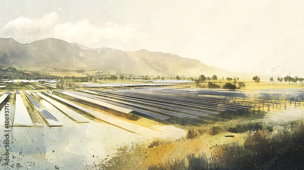 Poster a conceptual illustration of a large scale solar panel farm project, with rows of photovoltaic panel