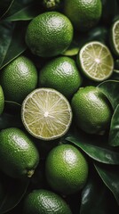 Fresh limes and vibrant green leaves arranged together in natural light on a flat surface