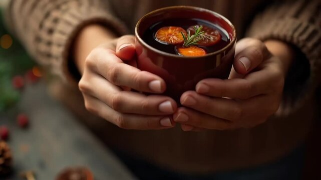 Woman holding aromatic hot mulled wine in red glass cap with spices and citrus fruit. Cozy winter drink. Concept of festive atmosphere and winter mood. Traditional Christmas drink. Closeup