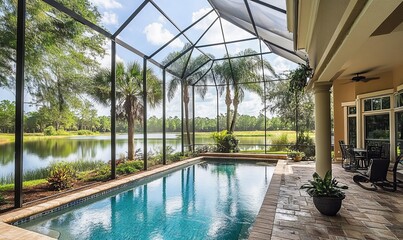 Fototapeta premium A luxurious Florida mansion boasts a screened-in pool and patio overlooking a tranquil lake. Palm trees and lush greenery enhance the tropical ambiance